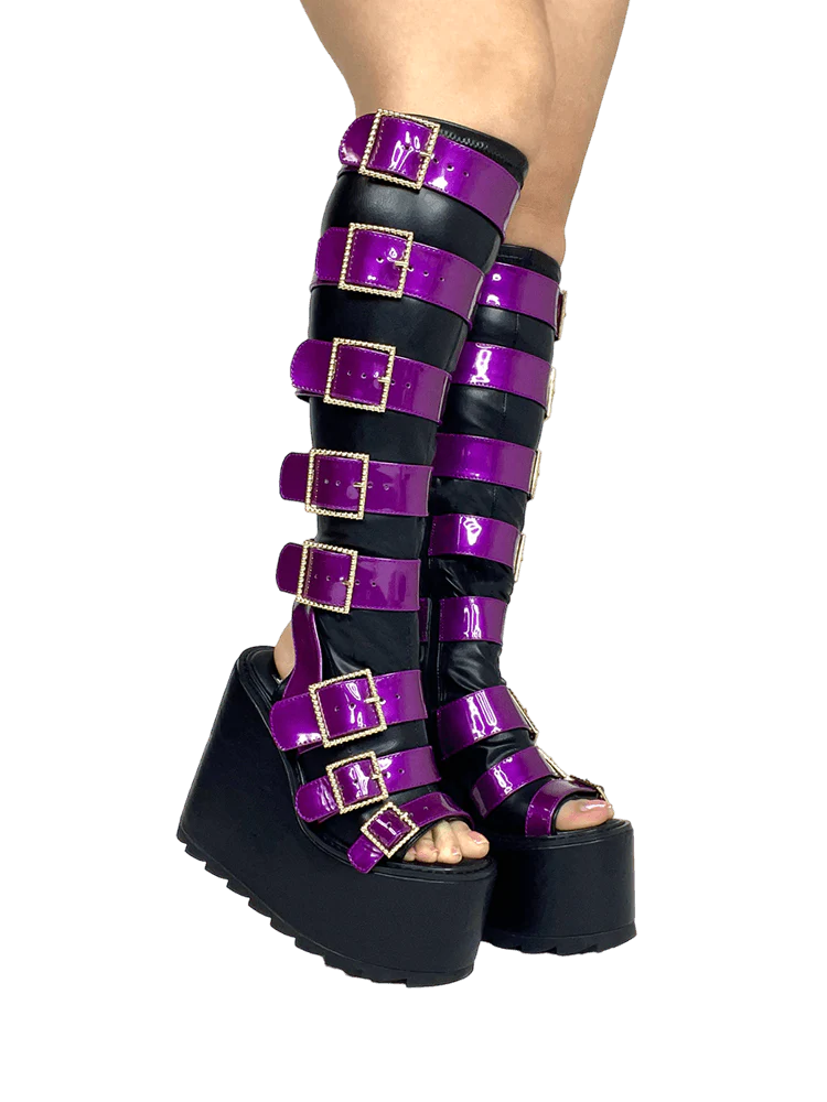 HOWLER BLACK PURPLE OPEN TOE PLATFORM BOOTS