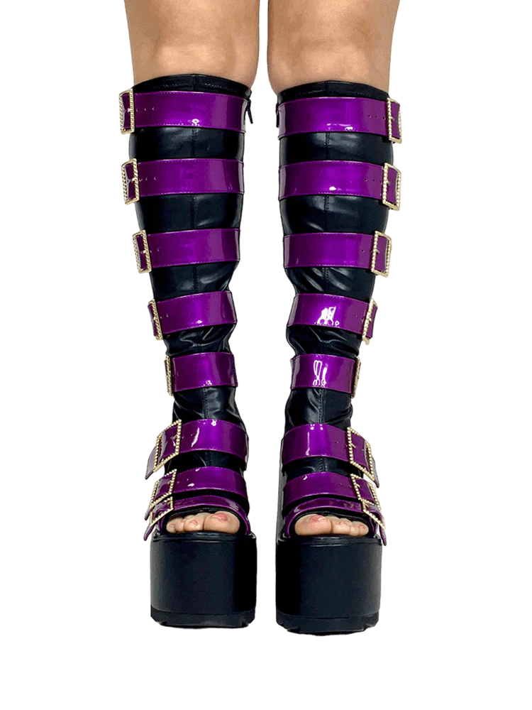 HOWLER BLACK/PURPLE OPEN TOE PLATFORM BOOTS