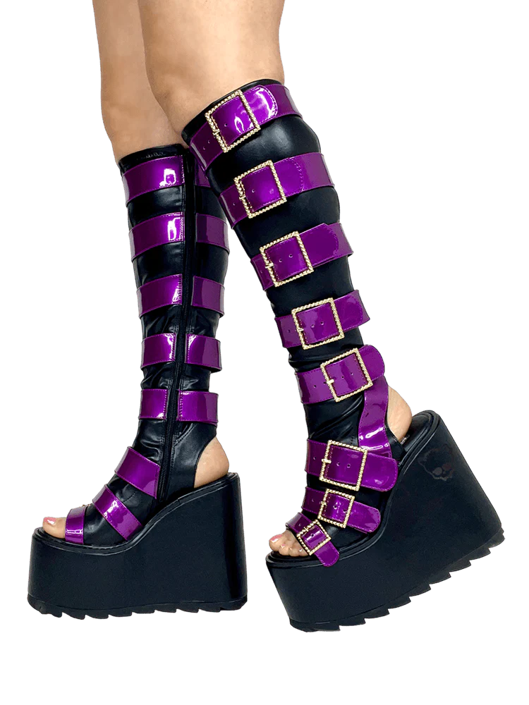 HOWLER BLACK/PURPLE OPEN TOE PLATFORM BOOTS