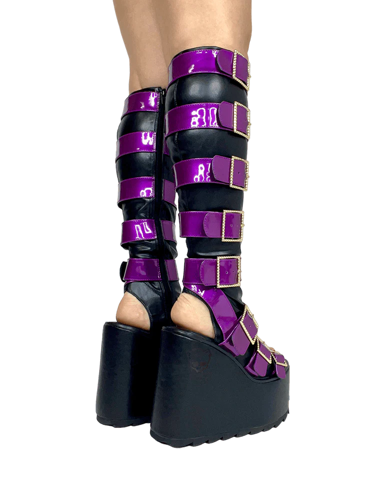 HOWLER BLACK/PURPLE OPEN TOE PLATFORM BOOTS