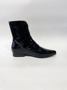 PECK BLACK PATENT LEATHER BOOTS W/ SKULL BUCKLES