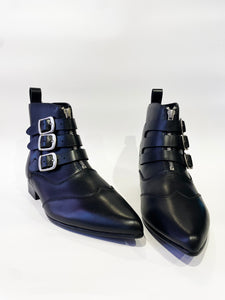 BLITZ WINKLEPICKER BLACK LEATHER BOOTS W/  BUCKLES