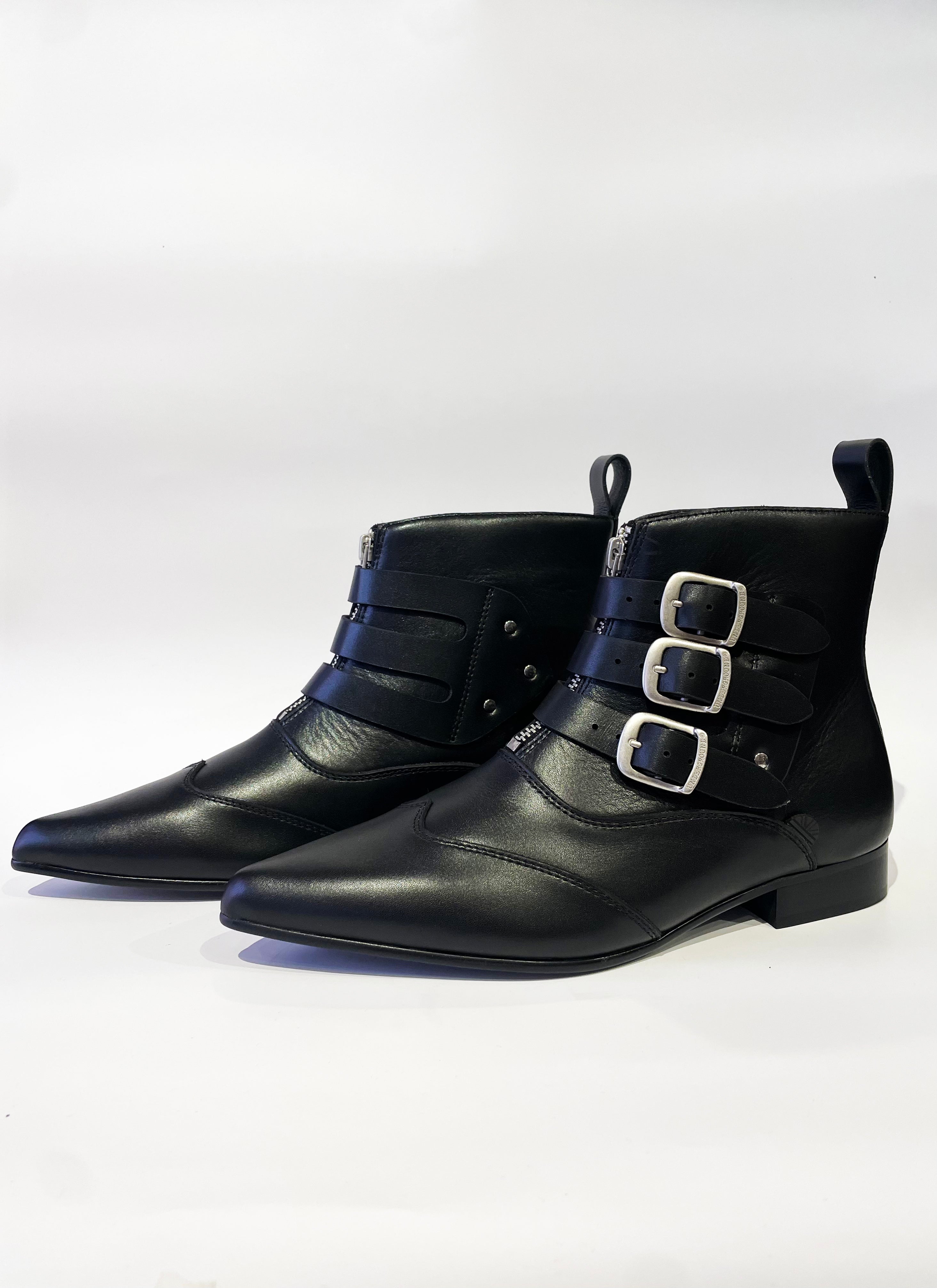 BLITZ WINKLEPICKER BLACK LEATHER BOOTS W/  BUCKLES