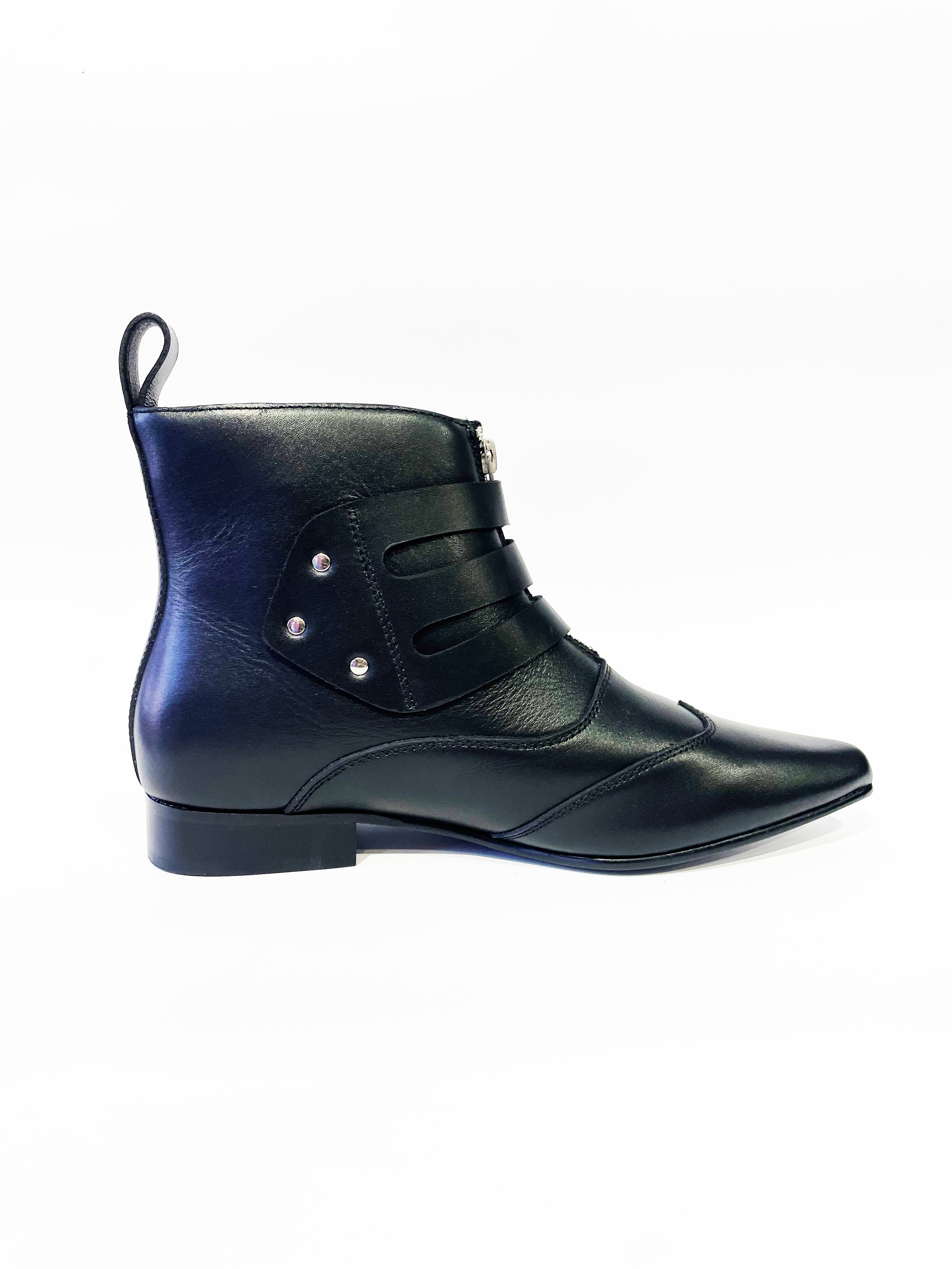 BLITZ WINKLEPICKER BLACK LEATHER BOOTS W/  BUCKLES