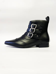 BLITZ WINKLEPICKER BLACK LEATHER BOOTS W/  BUCKLES